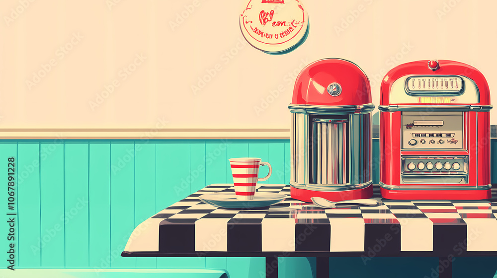 Retro diner table setting with checkered placemats and jukebox: depicts ...