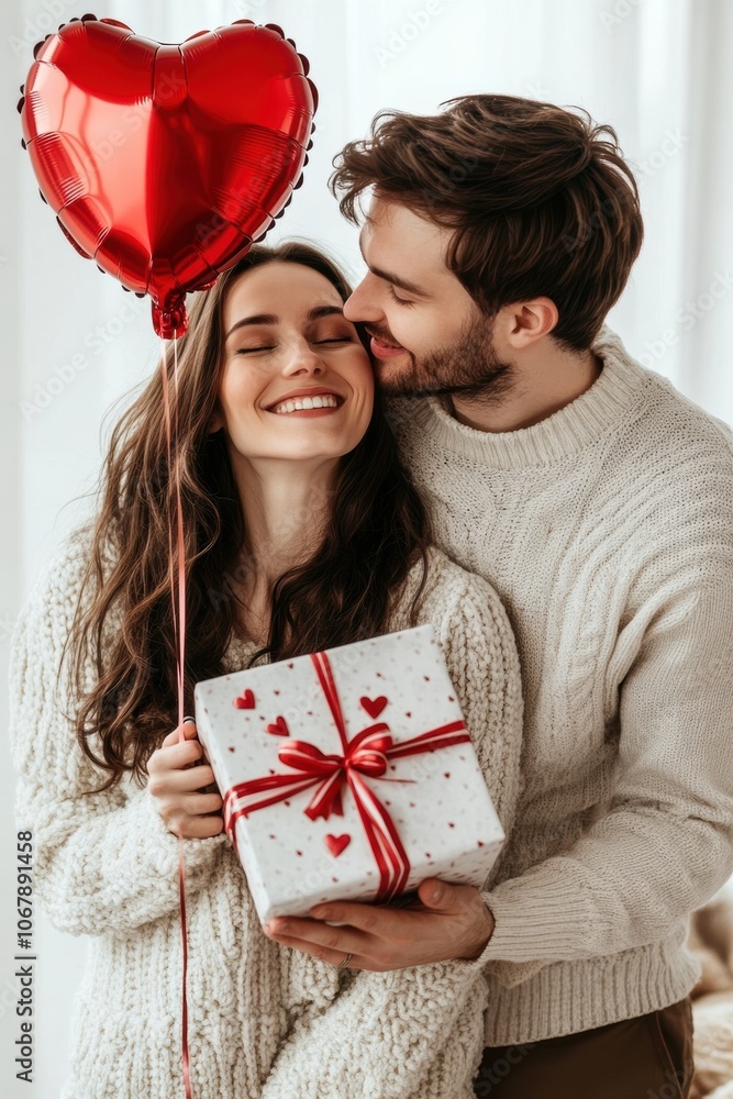 Lovely couple with gift box at home room in holiday season.