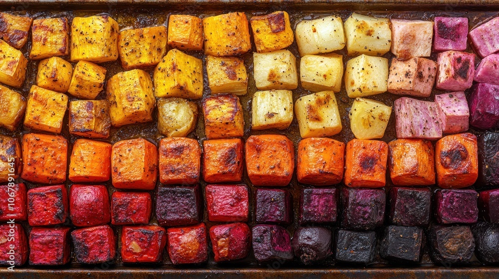 Roasted vegetables on a baking sheet with a rainbow of colors, ranging from yellow to purple. Roasted vegetables on a baking sheet with a rainbow of colors, ranging from yellow to purple.