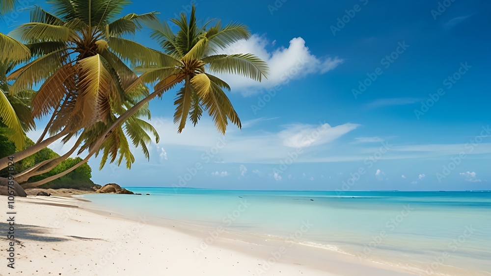 Fototapeta premium Idyllic tropical beach with palm trees, white sand and crystal clear turquoise water.