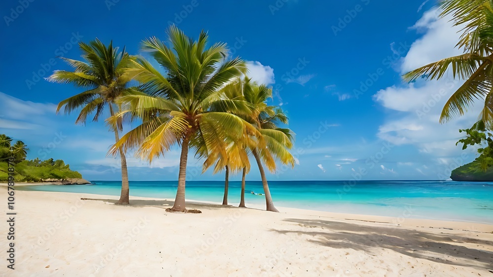 Tropical paradise with palm trees, white sand, and blue ocean. Tropical paradise with palm trees, white sand, and blue ocean.