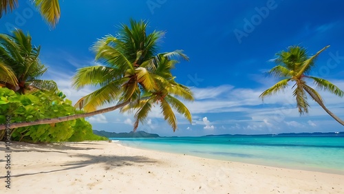 Tropical beach with palm trees, white sand, and blue sky.