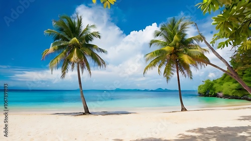 Two palm trees frame a pristine beach with white sand and turquoise water.