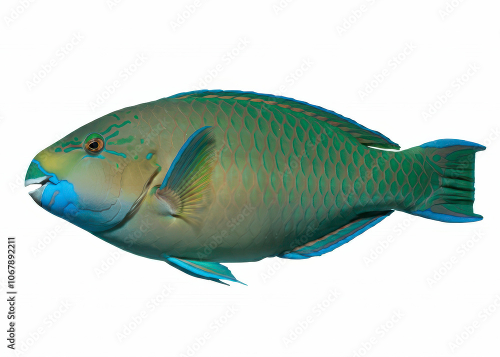 A colored parrot fish on isolated white background. Scarus ghobban or blue-barred, globe-headed, bluechin parrotfish is a popular marine aquarium fish. A colored parrot fish on isolated white background. Scarus ghobban or blue-barred, globe-headed, bluechin parrotfish is a popular marine aquarium fish.
