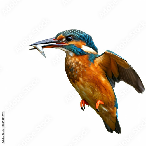 Common Eurasian or river kingfisher or Alcedo ispida has blue green upper parts, orange underparts and a long bill. It feeds mainly on fish, caught by diving isolated on white background photo