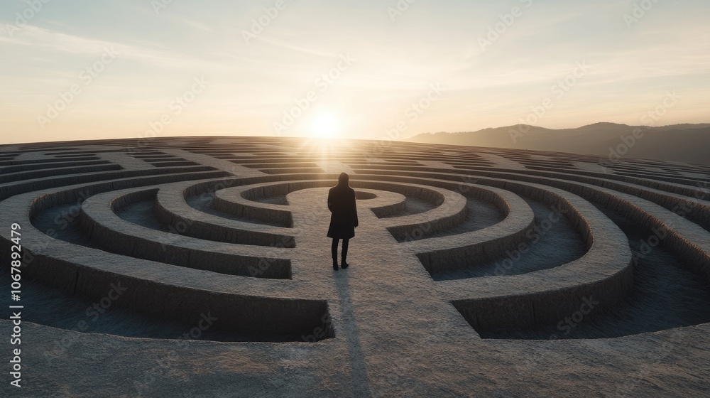 Maze of life: an individual navigating a labyrinth, representing complex journey of facing difficulties and search for meaning, capturing intricate process of personal growth and understanding. Maze of life: an individual navigating a labyrinth, representing complex journey of facing difficulties and search for meaning, capturing intricate process of personal growth and understanding.