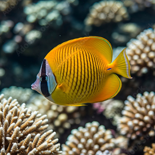 A beautiful coral fish Hooded butterflyfish or Chaetodon larvatus in the Red Sea photo