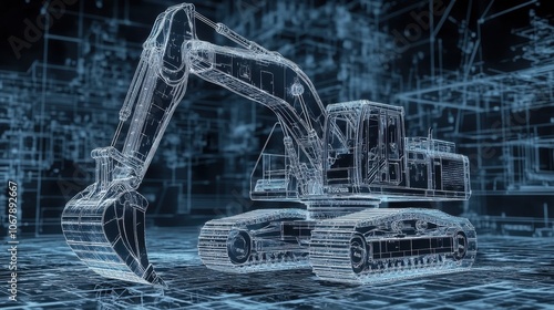 A front view of a heavy excavator, intricately designed, with blueprint overlays that emphasize the mechanics of its arm and attachment features
