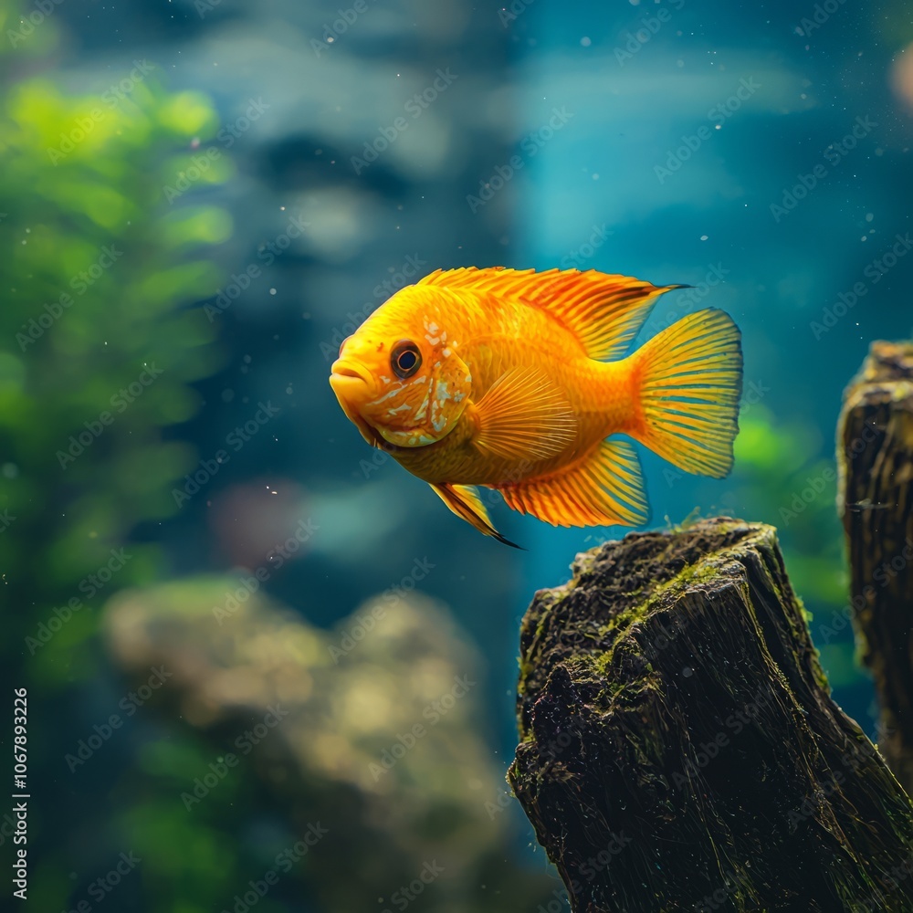 A vibrant orange fish swimming in a serene underwater environment. A vibrant orange fish swimming in a serene underwater environment.