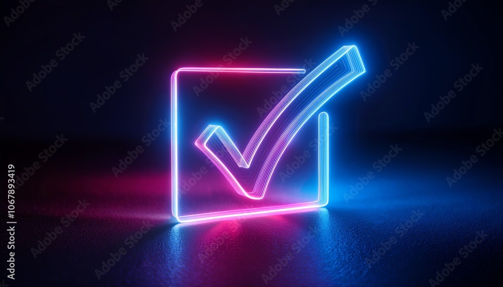 A glowing neon checkmark inside a square, symbolizing approval or completion against a dark background. A glowing neon checkmark inside a square, symbolizing approval or completion against a dark background.