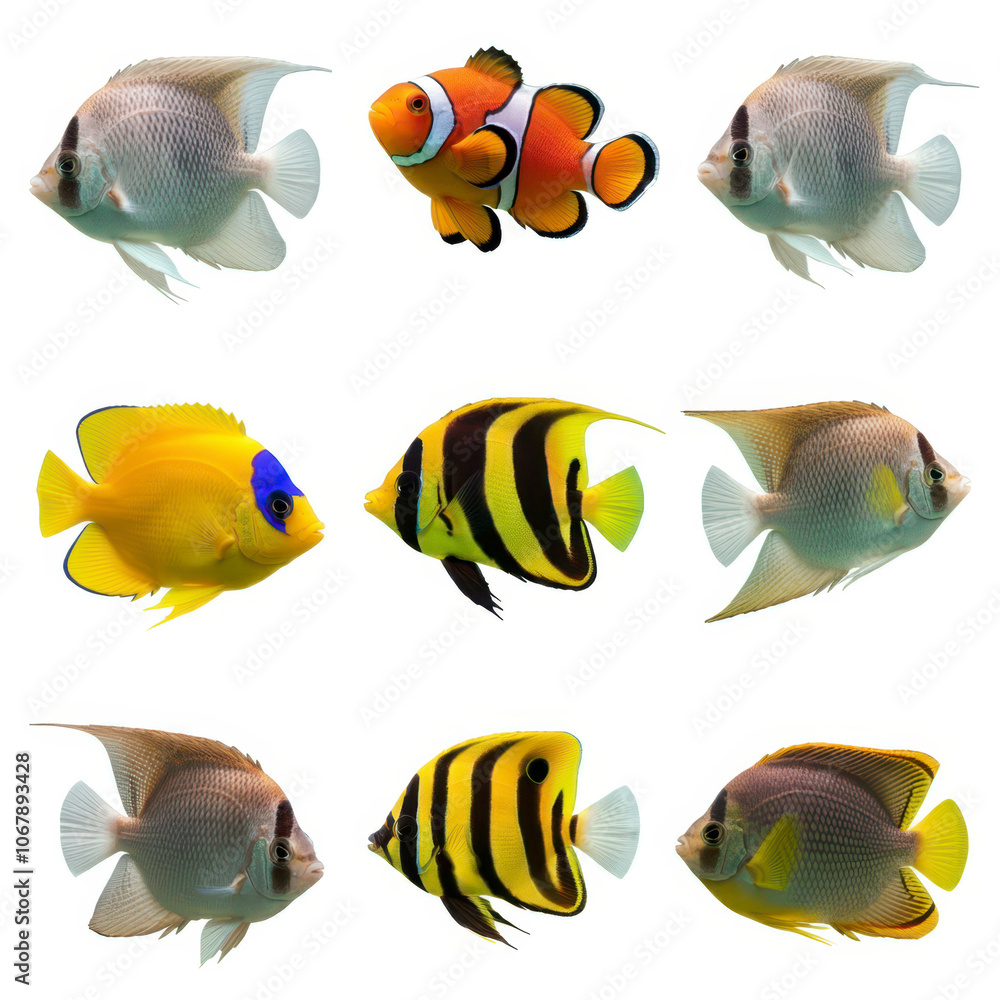 Tropical beautiful colorful fishes collection isolated on white background. Set of different aquarium fish, undersea life, aquatic organism, pet. Tropical beautiful colorful fishes collection isolated on white background. Set of different aquarium fish, undersea life, aquatic organism, pet.