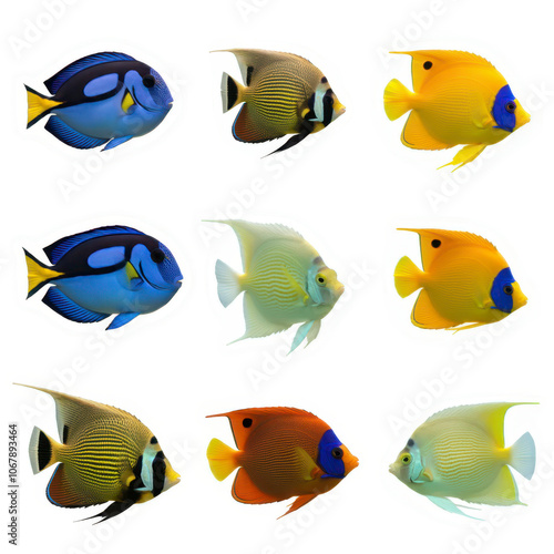 Tropical beautiful colorful fishes collection isolated on white background. Set of different aquarium fish, undersea life, aquatic organism, pet. photo