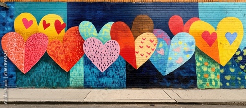 A colorful mural of hearts painted on a brick wall.