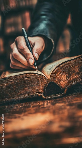 A hand writing in an old book, capturing knowledge and creativity.