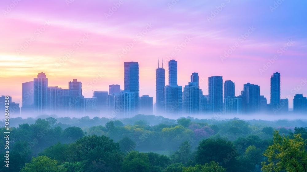 Obraz premium Misty city skyline at dawn showcasing tall buildings with soft pastel colors painting the early morning sky