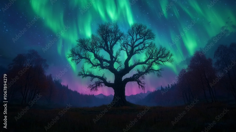 A lone tree stands tall in a mystical forest under a vibrant aurora borealis display. A lone tree stands tall in a mystical forest under a vibrant aurora borealis display.