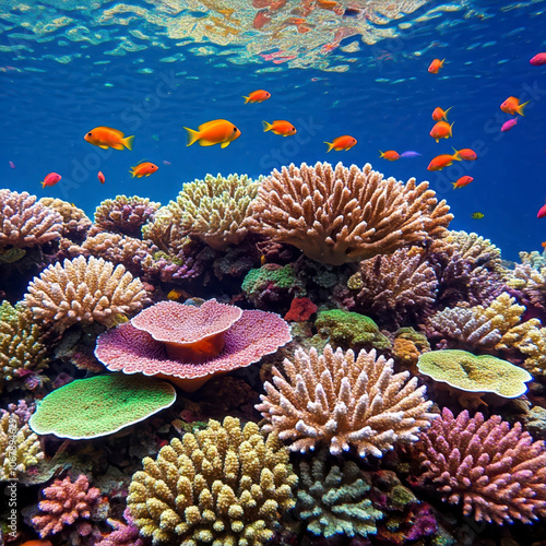 Beautiful colorful coral reefs and beautiful ornamental fish in the sea background photo