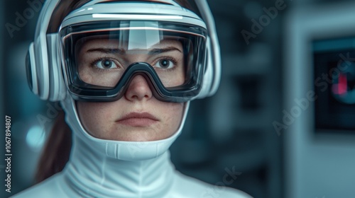 A young woman wearing futuristic goggles and headphones, looking thoughtfully ahead in a technological environment.