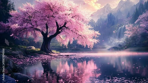 Enchanting Cherry Blossom Tree by Tranquil Lake - Seamless Loop