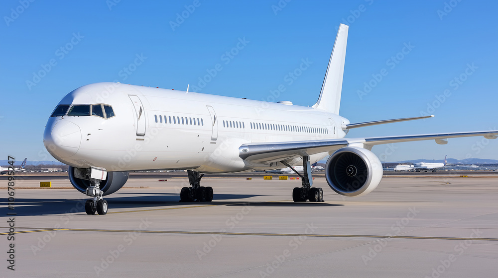 A commercial airplane parked on the runway at a clean, modern airport, with a clear blue sky in the background A commercial airplane parked on the runway at a clean, modern airport, with a clear blue sky in the background