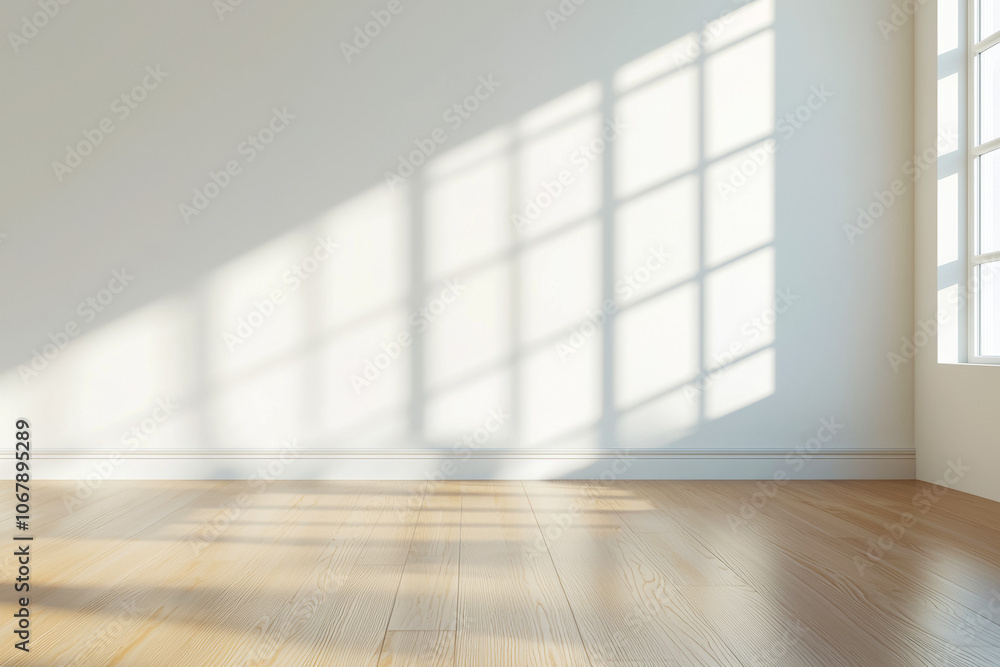 A large, empty room with a window and a wooden floor A large, empty room with a window and a wooden floor