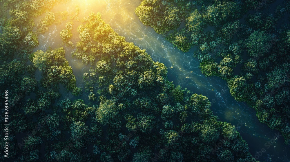 Lush Greenery Along the Serene Riverbank at Sunrise Lush Greenery Along the Serene Riverbank at Sunrise