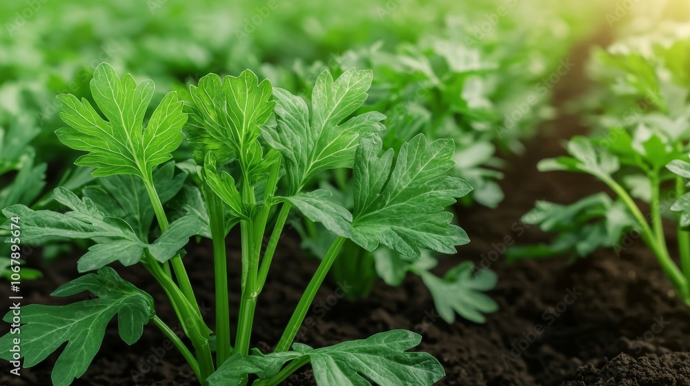 Close-up of vibrant green parsley plants growing in soil, bathed in warm sunlight. Close-up of vibrant green parsley plants growing in soil, bathed in warm sunlight.