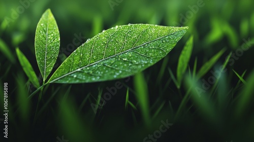 Dew drops on green leaf, close-up, macro, nature, foliage, bokeh.