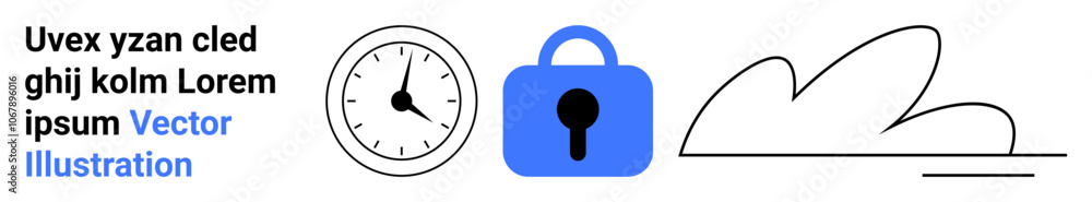 Lock with keyhole, clock, and cloud outline with sample text. Ideal for cybersecurity, data protection, cloud storage, time management, online security, and privacy. Banner for landing page Lock with keyhole, clock, and cloud outline with sample text. Ideal for cybersecurity, data protection, cloud storage, time management, online security, and privacy. Banner for landing page