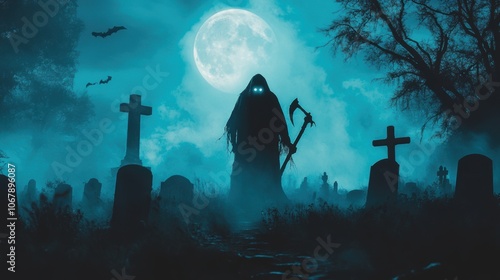 Grim reaper with scythe in graveyard. Halloween theme poster. photo