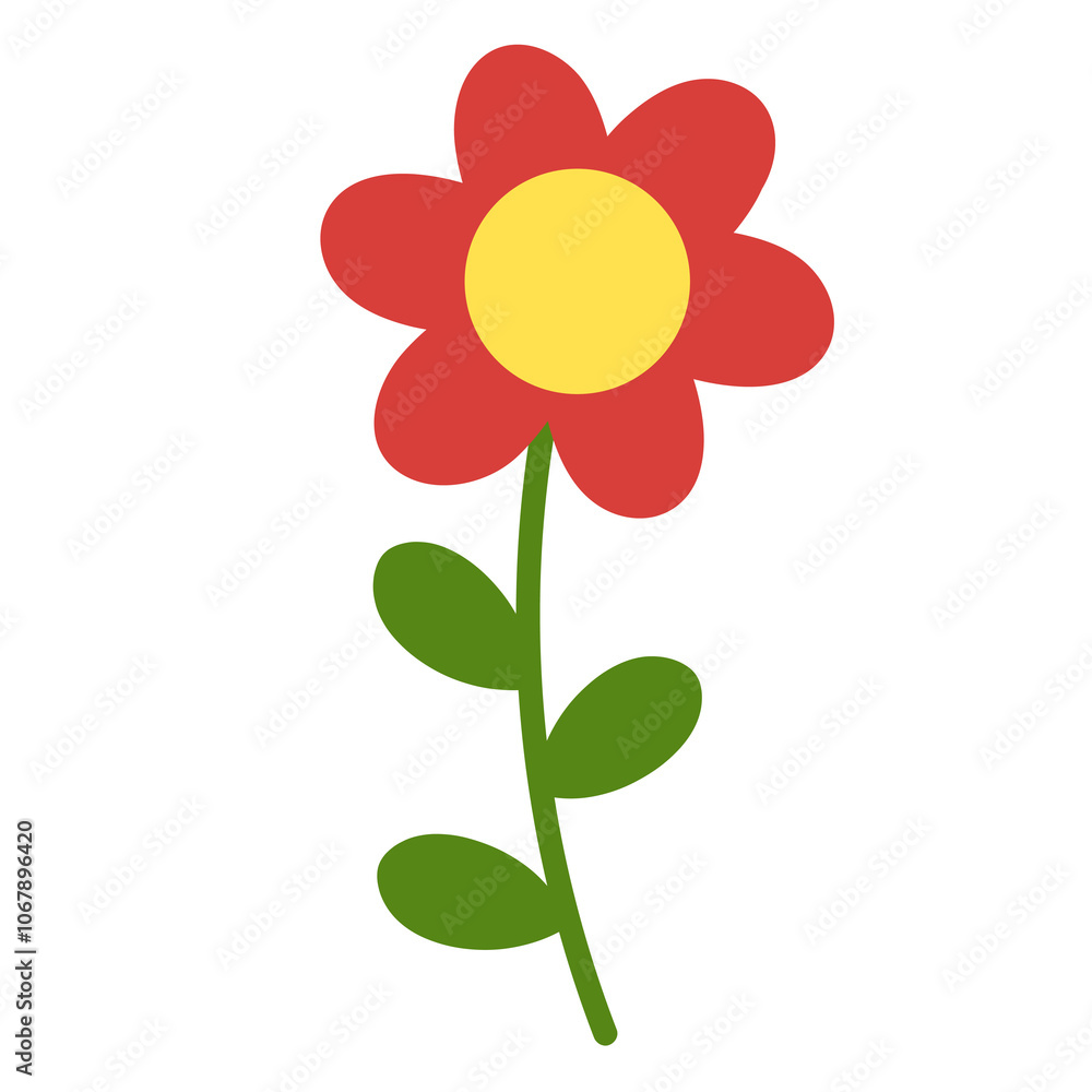 Illustration of red flower and green leaves for plants, tree, floral print, nature, garden, cute patches, brooch, sticker, logo, icon, blossom, blooming, picnic, backyard, park, spring, summer Illustration of red flower and green leaves for plants, tree, floral print, nature, garden, cute patches, brooch, sticker, logo, icon, blossom, blooming, picnic, backyard, park, spring, summer