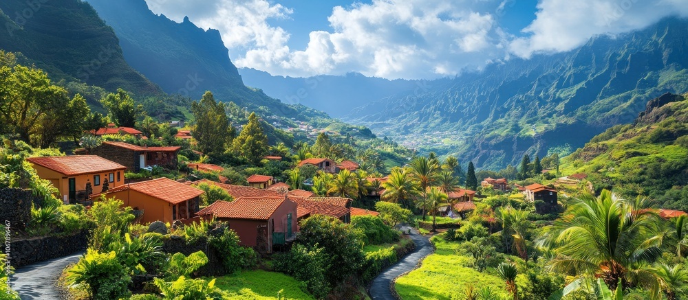 Picturesque village nestled amidst lush green hills and towering mountains, showcasing vibrant nature and charming architecture.
