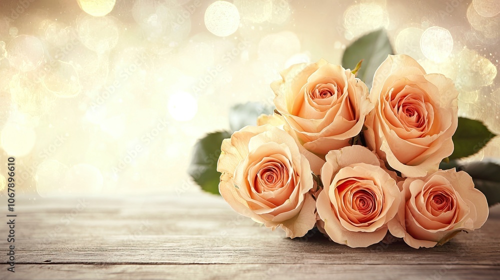 Bouquet of soft peach roses on rustic wood, blurred light background. Bouquet of soft peach roses on rustic wood, blurred light background.