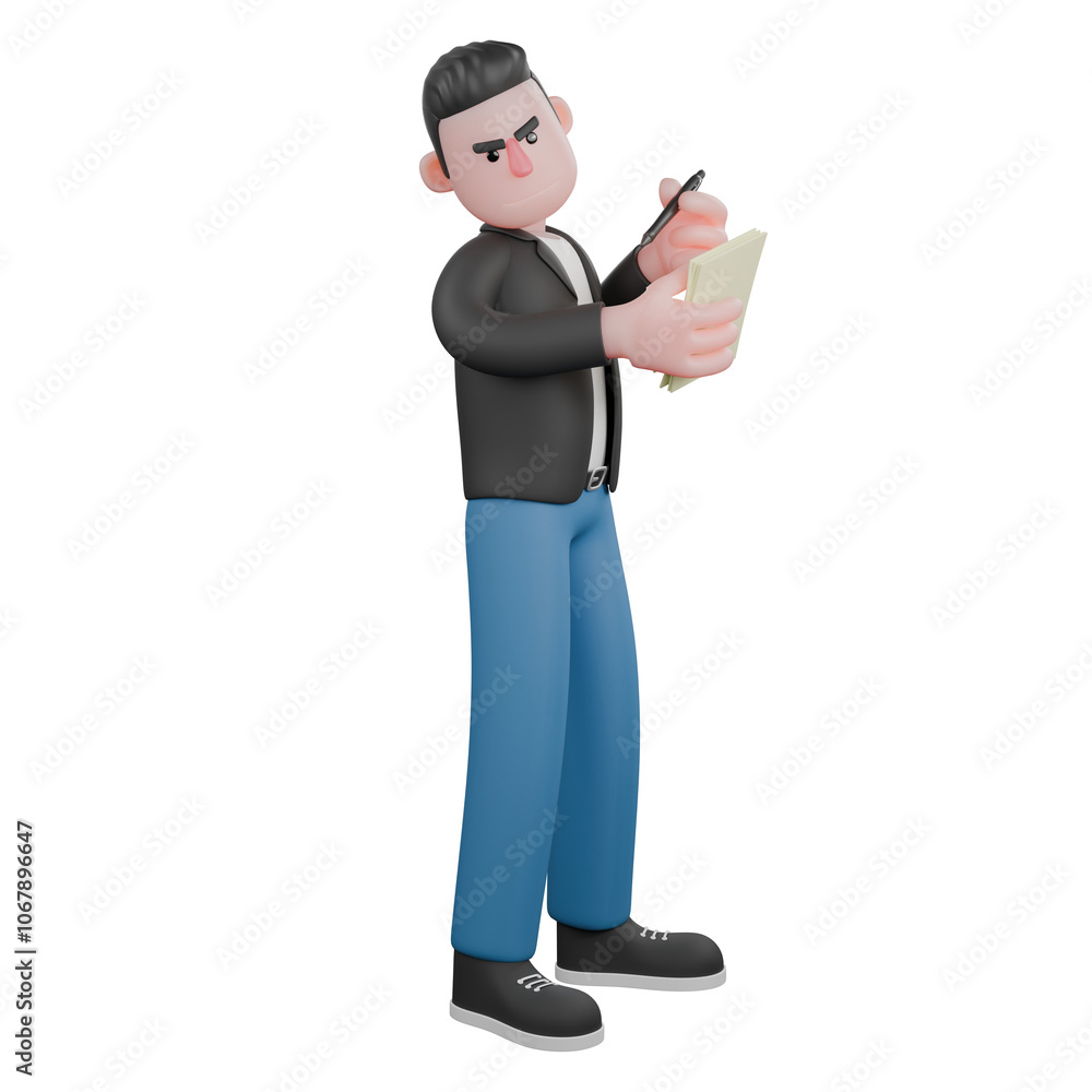 Singing Musician in 3D. A male musician is standing facing left while his right hand is holding a paper and his left is holding a pen as if he wants to write. 3D Music Performer Singing Musician in 3D. A male musician is standing facing left while his right hand is holding a paper and his left is holding a pen as if he wants to write. 3D Music Performer