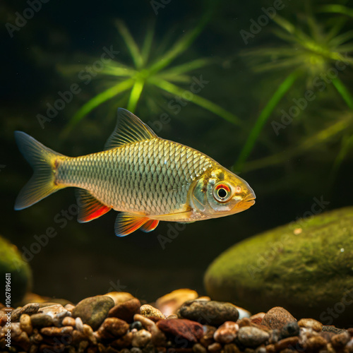 Roach fish in natural habitat, Freshwater fish underwater background, wild fish