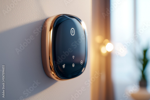 Smart home temperature sensor with thermostat based on artificial intelligence or AI. Selective focus background