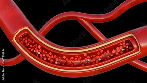 A 3d rendering of microscopic view reveals a bustling highway of blood cells, with red blood cells rushing past, carrying oxygen to the body's tissues and several white blood cells.