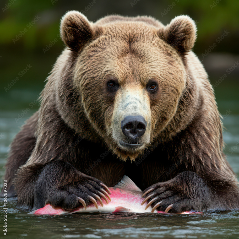 Brown grizzly bear hunting salmons in the creek wild life Brown grizzly bear hunting salmons in the creek wild life