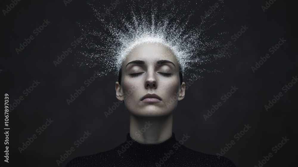 Woman with Closed Eyes and Abstract Splash Above Head Surreal Art Mental Health Concept Woman with Closed Eyes and Abstract Splash Above Head Surreal Art Mental Health Concept