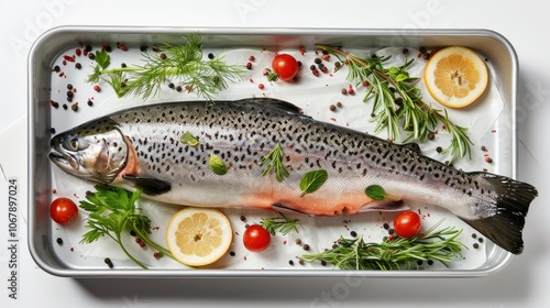 Fresh Salmon Ready for Cooking in a Baking Pan