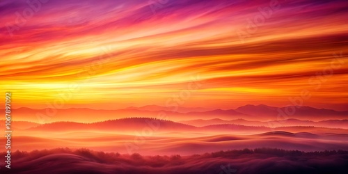 A Serene Landscape Bathed in the Warm Glow of a Misty Dawn, Where Layers of Hills and Valleys Blend Seamlessly with a Sky Painted in Hues of Orange, Yellow, and Purple