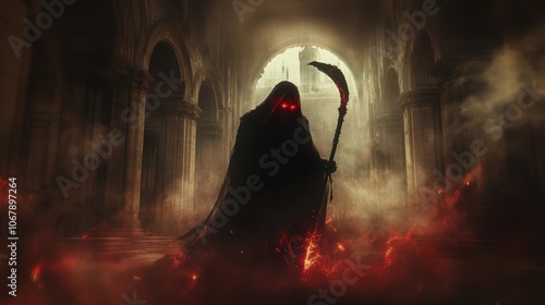 Grim reaper with scythe. Fire, smoke. Halloween theme poster.