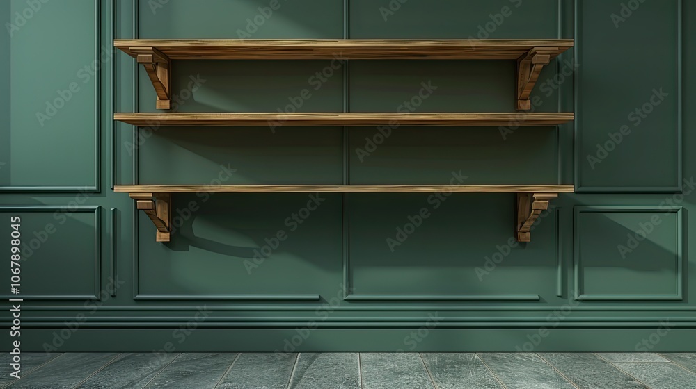 Empty Wooden Shelves Against a Green Wall Empty Wooden Shelves Against a Green Wall