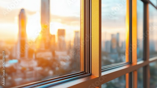 Modern Cityscape Through Window at Sunset Urban Architecture and Design