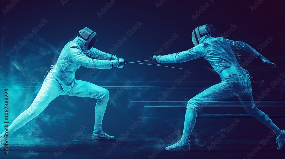 Fototapeta premium A competitive duel between two fencers is shown with lights against a plain, dark background.