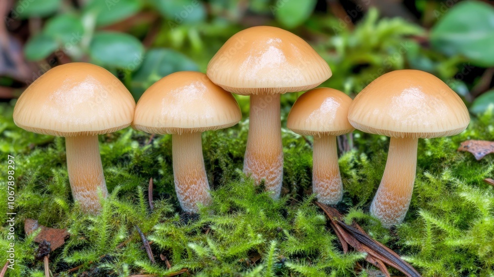 A cluster of golden mushrooms growing on green moss A cluster of golden mushrooms growing on green moss
