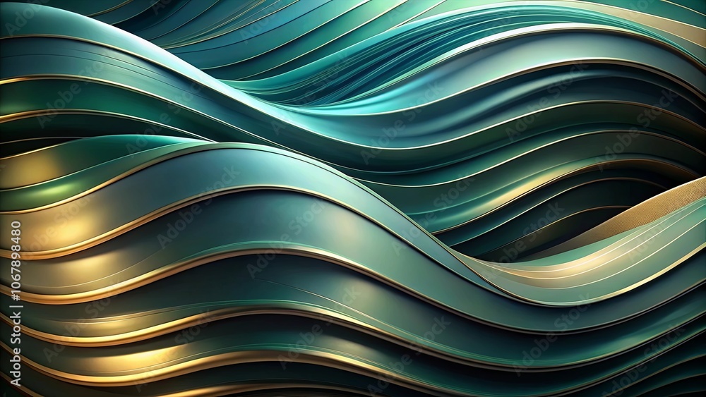 Abstract Wavy Lines of Green and Gold, a Contemporary Art Canvas Abstract Wavy Lines of Green and Gold, a Contemporary Art Canvas