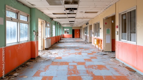Abandoned School Hallway with Damaged Ceiling and Tiled Floor