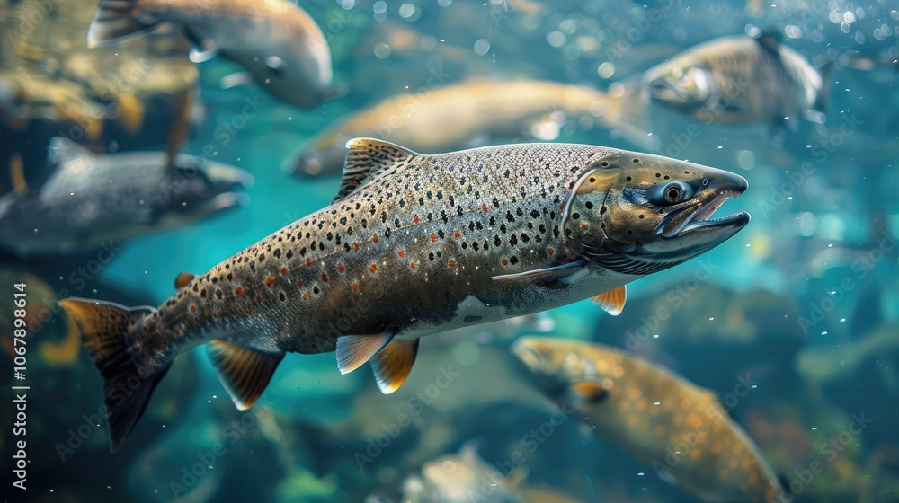 A Close-up of a Salmon Swimming in a Blue Water Tank A Close-up of a Salmon Swimming in a Blue Water Tank