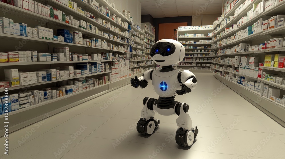 Obraz premium Robotic assistant exploring a modern pharmacy aisle filled with products